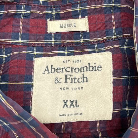 Abercrombie & Fitch Red Blue Plaid Mens XXL Americana Muscle Button Down Shirt - Picture 4 of 11